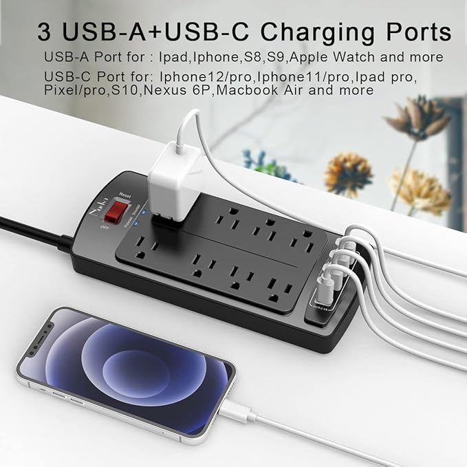 Surge Protector Power Strip - Nuetsa Flat Plug Extension Cord with 8 Outlets and 4 USB Ports, 6 Feet Power Cord (1625W/13A), 2700 Joules, ETL Listed, Black