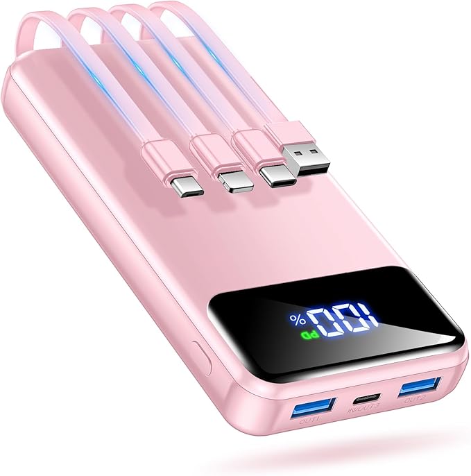 OHOVIV Portable Charger Power Bank 50000mAh Battery Pack, 22.5W Fast Charging PowerBank with Built in Cables,Travel Essential USB-C Portable Phone Charger for iPhone Samsung Pixel Android iPad-Pink