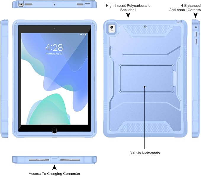 Soke Case for iPad 6th/5th Generation 9.7 Inch 2018/2017,with Built-in Screen Protector and Kickstand, Rugged Full-Body Heavy Duty Protective Cover for Apple iPad Air 2 /Pro 9.7 - Light Blue