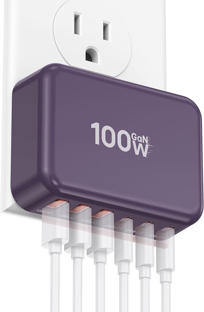 Fast Charger Block, GaN 6 Port USB C Charging Station Hub Cube, 100W Multiport Type C Wall Charger Power Strip Plug with PD 3.0+QC for iPhone 16 15 14 13 12 1 Pro Max XR XS 8 7, Samsung, iPad, Table
