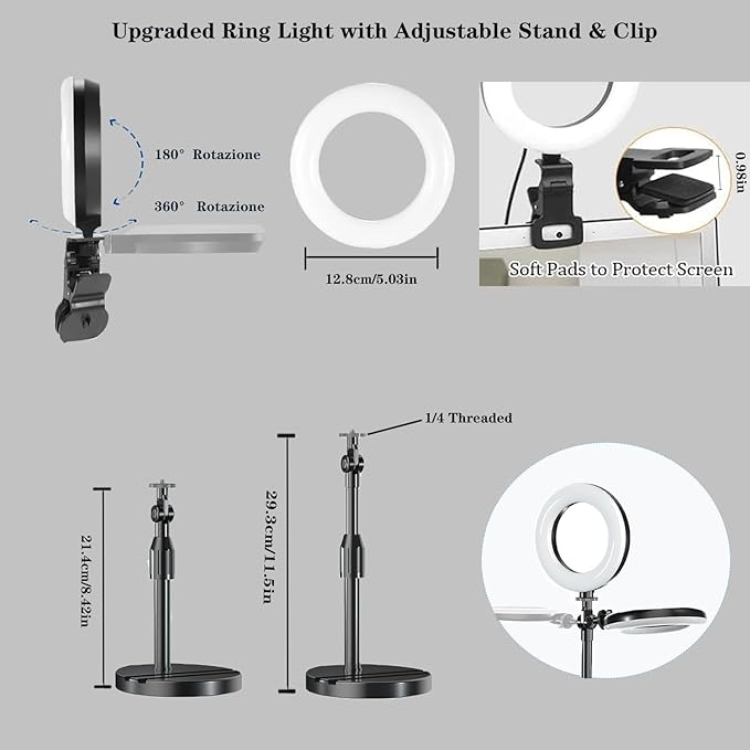 Ring Light with Stand, Desk Ring Light with Clip Upgraded 10W 3000K-6500K Travel Desktop Light for Phone Selfie Laptop Zoom Video Makeup Vlog Tiktok Live Streaming