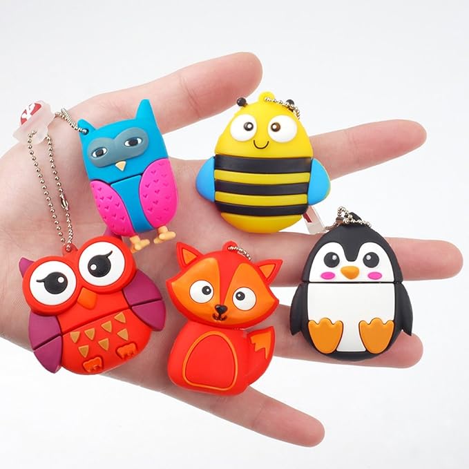 5X8GB Cute Animals USB Flash Drive with Chain Bee Fox Owls Penguin Pen Drive Gifts for School Kids and Students Valentine's Day Gift (Pack of 5 Animals)
