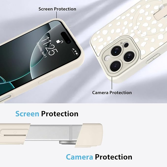 KANGHAR Compatible with iPhone 16 Pro Case, Support for MagSafe, Silicone Speck Leopard Cute Pattern, Wristband Kickstand Camera Protection Soft Slim Cover for Girls Women -White