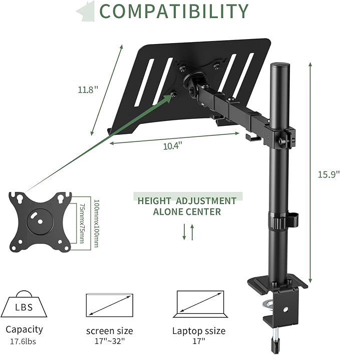 UPGRAVITY Laptop Desk Mount, Single Laptop Stand Arm with Vented Tray for 17 inch Notebook or 14”-32” Monitor, Holds up to 17.6 lbs, Fully Adjustable, Clamp/Grommet Mounting, VESA 75/100mm