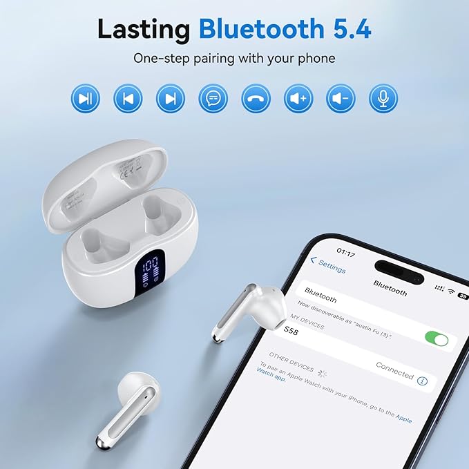 Wireless Earbuds, Bluetooth 5.4 Headphones HiFi Stereo with 4 HD Mic, 50H Playtime Bluetooth Earbuds with LED Display, IPX7 Waterproof Wireless Earphones, Touch Control Ear Buds,USB-C White