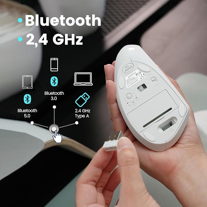 Perixx PERIMICE-813W Bluetooth Vertical Mouse - Wireless 3-in-1 Multi-Device Spec - Travelling Carry Bag - Ergonomic Right-Handed Design - White