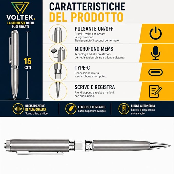 VOLTEK Digital Voice Recorder Pen - 64GB - Mini Audio Recording Device for Meetings - Portable Dictaphone Microphone - Clear Voice Capture - Compact Digital Recorder 5X Inks, Leather Case and Guide