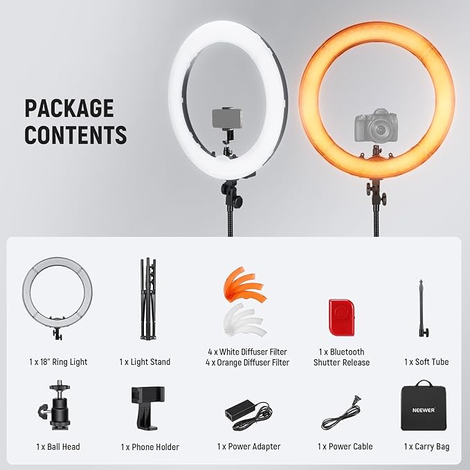 NEEWER Ring Light 18inch Kit: 55W 5600K Professional LED with Stand and Phone Holder, Soft Tube & Bag for Tattoo Lash Extension Barber Makeup Artist Studio Video Photography Lighting, RL-18
