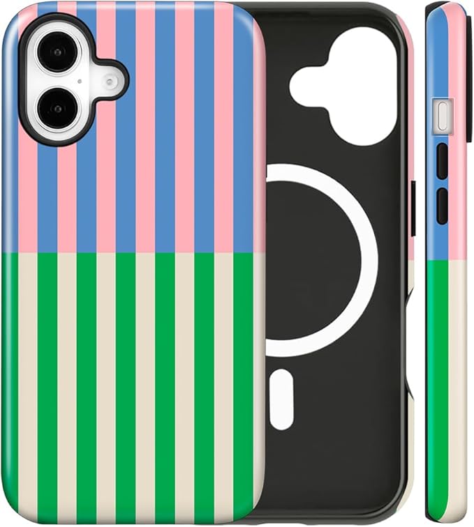 Magnetic for iPhone 16 Plus Case Cute Stripes Phone Case, Shockproof Slim TPU and Hard PC Protective Phone Cover Compatible with MagSafe Designed for Women Girls, Gray