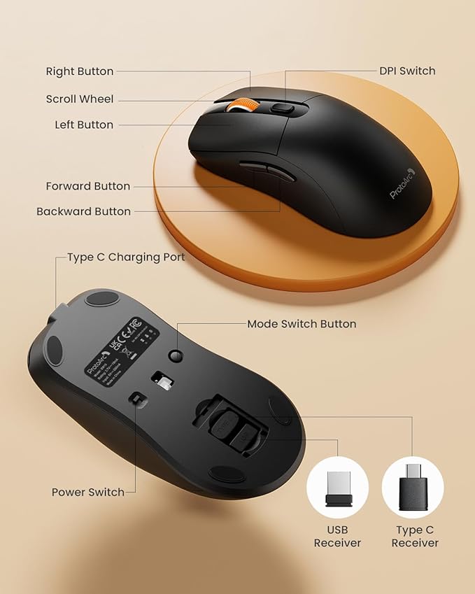 ProtoArc Bluetooth Wireless Mouse for MacBook Pro/Air, USB C Mouse, EM15 Rechargeable Compact Portable Mice for Laptop, iPad, Tablet, Chromebook-Black