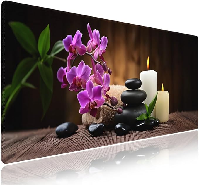 Wknoon. Large Gaming & Office Mouse Pad (31.5" x 11.8") – Natural Peaceful Scene Tranquil Zen Spa Still Life Ambiance of Candles, Stones & Orchids Flowers, Anti-Slip XXL Durable Stitched Desk Mat