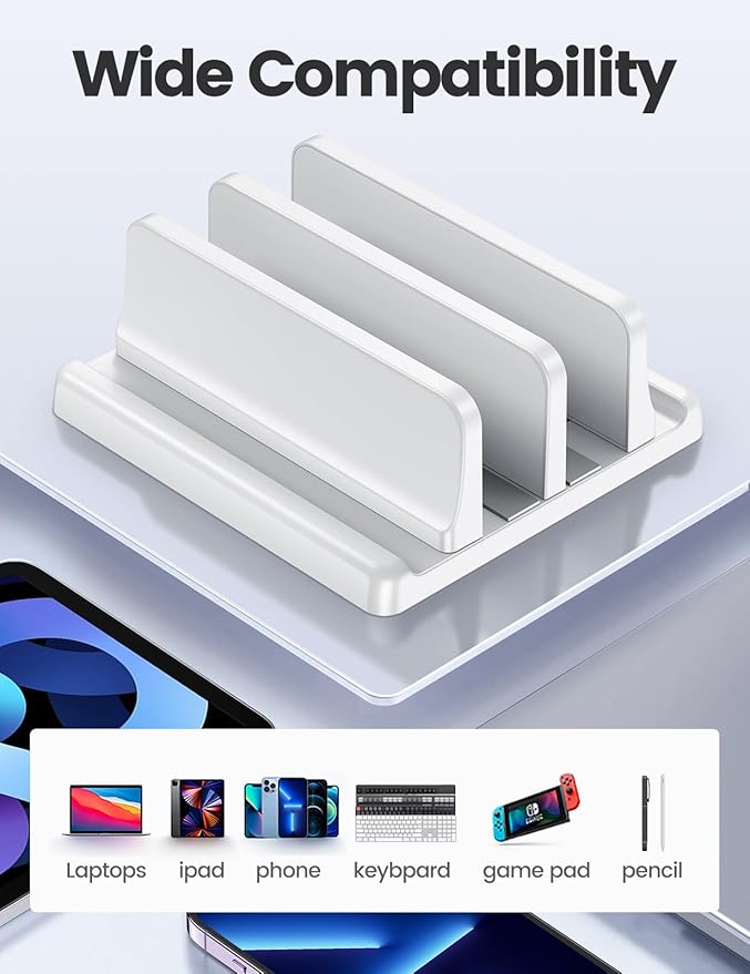 Vaydeer Vertical Laptop Stand for Desk, Dual Slots Plastic Laptop Holder Organizer with Space Saving 4-in-1 Design, Adjustable Laptop Stand Storage Supports MacBook, Chromebook, Surface, Dell (White)