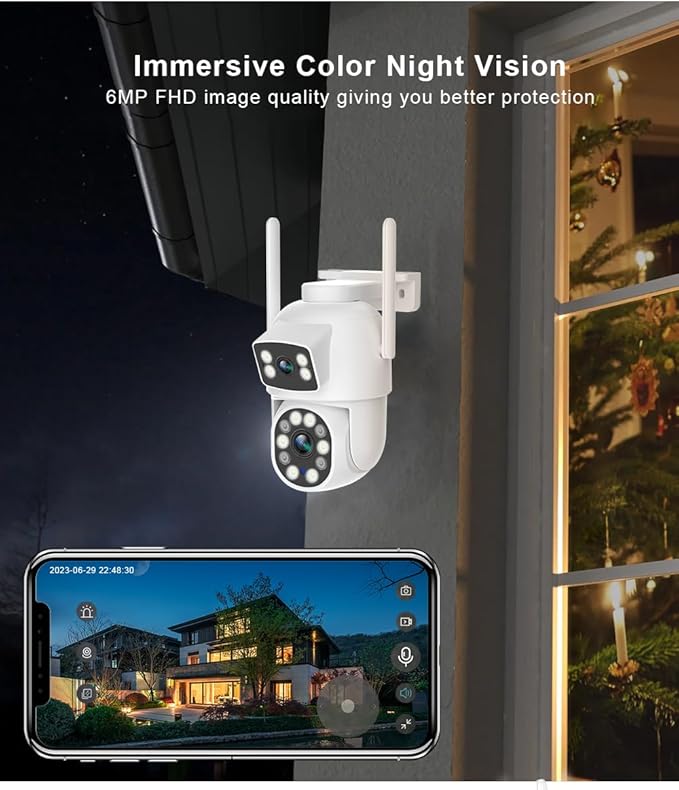 EVERSECU Dual Lens Linkage 6MP WiFi PTZ Security Camera Outdoor, 360° View, Auto Tracking, Motion Detection, Color Night Vision, 2-Way Audio, Compatible with Alexa