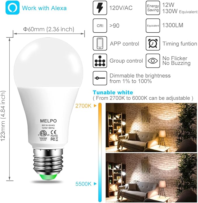 MELPO Alexa Light Bulb 130W Equivalent, Smart Light Bulbs Warm White to Daylight Tunable, A19 E26 Bluetooth LED Bulbs Controlled by BRmesh APP and Alexa only, Timing, Flicker-Free（8 Pack (8)
