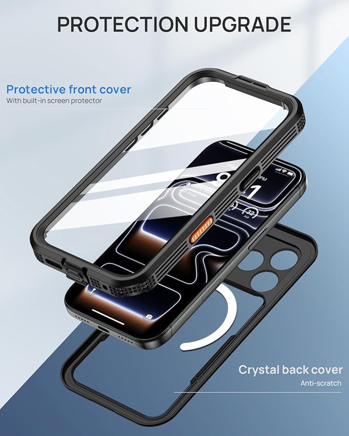 Lanhiem Magnetic for iPhone 17 Pro Case, IP68 Waterproof Dustproof, Built-in Screen Protector [Compatible with Magsafe] Heavy Duty Rugged Cover Full Body Phone Case, 6.3 inch, Black