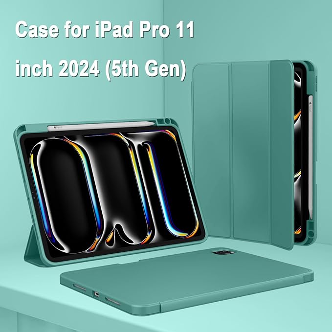 ZryXal New iPad Pro 13 Inch Case (M5) 2025 / (M4) 2024 with Pencil Holder, Smart iPad Case [Support Pencil Pro and Pencil (USB-C)], Support Touch ID and Auto Wake/Sleep (Forest Green)