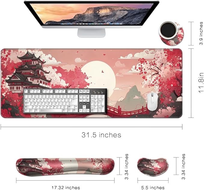 Desk Mat, Large Gaming Mouse Pad with Wrist Rest, 4 in1 XXL Mouse pad+Keyboard Wrist Rest+Mouse Pad Wrist Support+Cup Coaster Set, Ergonomic Desk Pad for Home Office, Japanese Sunrise