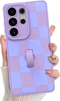 KANGHAR Compatible with Samsung Galaxy S26 Ultra Case, Support for MagSafe, Silicone Checkered Cute Pattern, Wristband Kickstand Camera Protection Soft Slim Cover for Girls Women -Purple