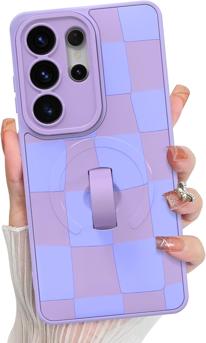 KANGHAR Compatible with Samsung Galaxy S26 Ultra Case, Support for MagSafe, Silicone Checkered Cute Pattern, Wristband Kickstand Camera Protection Soft Slim Cover for Girls Women -Purple