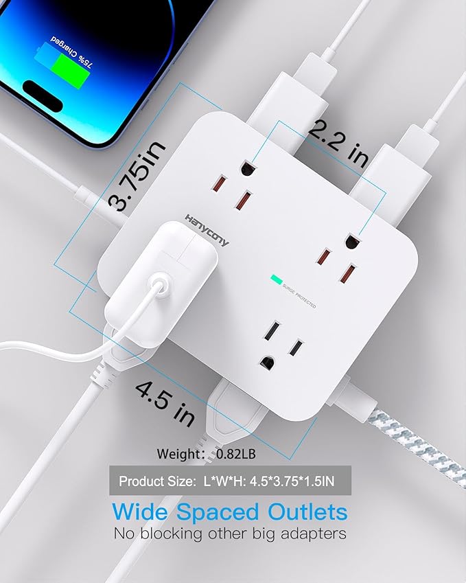 HANYCONY Extension Cord 25 Ft, Surge Protector Power Strip with 8 Outlets 4 USB Ports(2 USB C), Long Cord, Wall Mount, Desk USB Charging Station for Home Office College Dorm Room Essentials