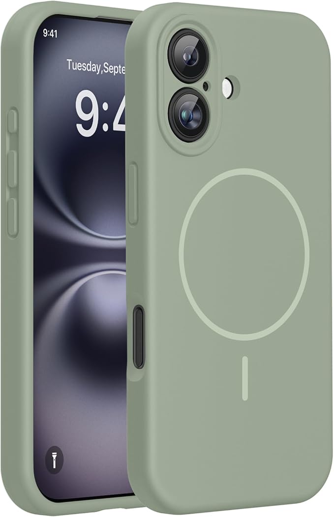 Miracase Magnetic for iPhone 16 Plus Case, [Soft Anti-Scratch Microfiber Lining], Magnetic for MagSafe, Liquid Silicone Shockproof Drop Protection Phone Case for 16 Plus,Patina Green
