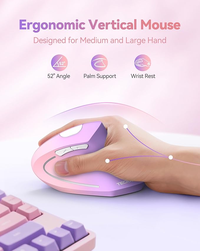 TECKNET 2.4G Ergonomic Mouse Vertical Wireless - 4800 DPI Optical Carpal Tunnel Mice Right Hand, 4800 DPI Adjustable, Quiet Clicks, 6 Buttons for Laptop, Desktop, PC, Computer - Pink Purple