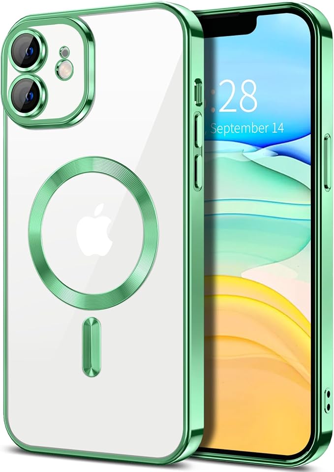Hython Magnetic Clear for iPhone 11 Case with Camera Lens Protector [Compatible with MagSafe] Luxury Plating Edge Slim Soft TPU Cover Protective Phone Case for iPhone 11 6.1", Light Green