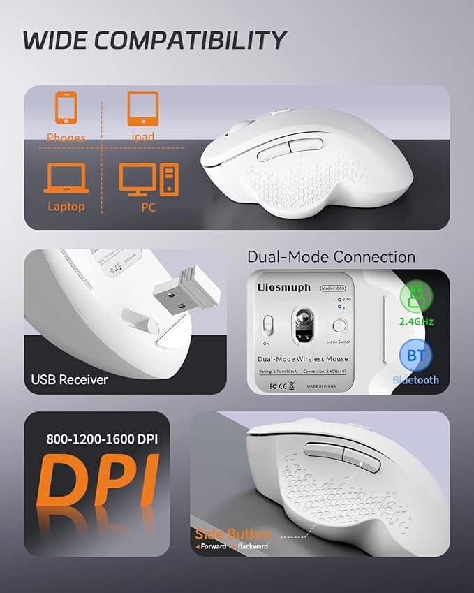 Uiosmuph G09 Bluetooth Wireless Mouse, BT5.1 & 2.4Ghz Rechargeable Computer Mouse with USB Receiver and Type C Adapter, Ergonomic Bluetooth Mice for Laptop, iPad, Mac - White