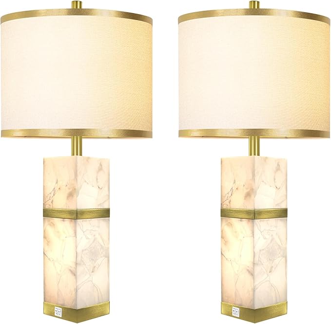 Natural Alabaster Table Lamps Set of 2 - Table Lamp with Night Light for Bedroom,Nightstand Lamps with USB Ports,Bedside Lamps with Linen Fabric Shade for Living Room,Bedroom,Office,Bar(Bulb Included)
