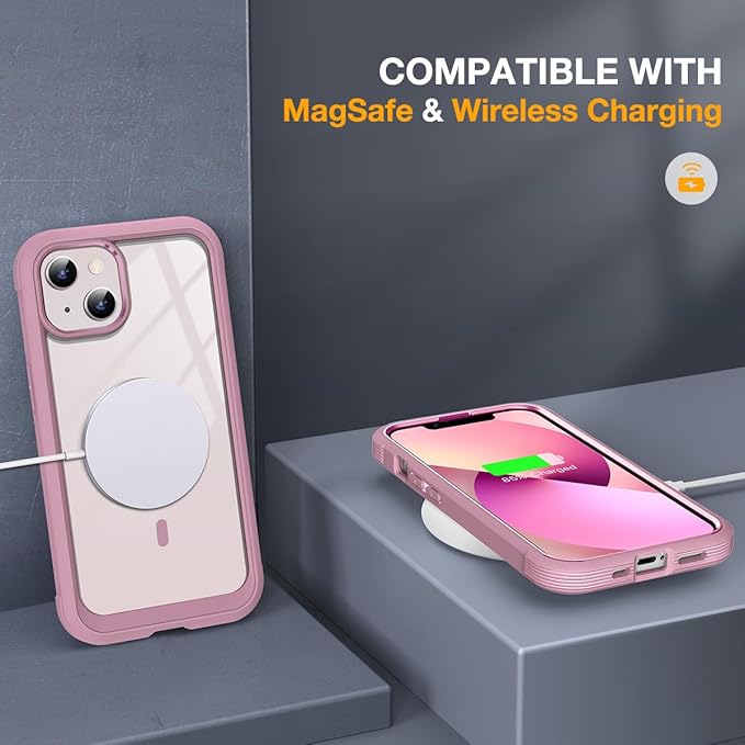 Miracase for iPhone 13 mini Case 5.4",Full-Body Protection,Clear Bumper Case with Built-in 9H Tempered Glass Screen Protector,Military-Grade Drop Protection Outdoor Phone Case for 13 mini,Dark Pink