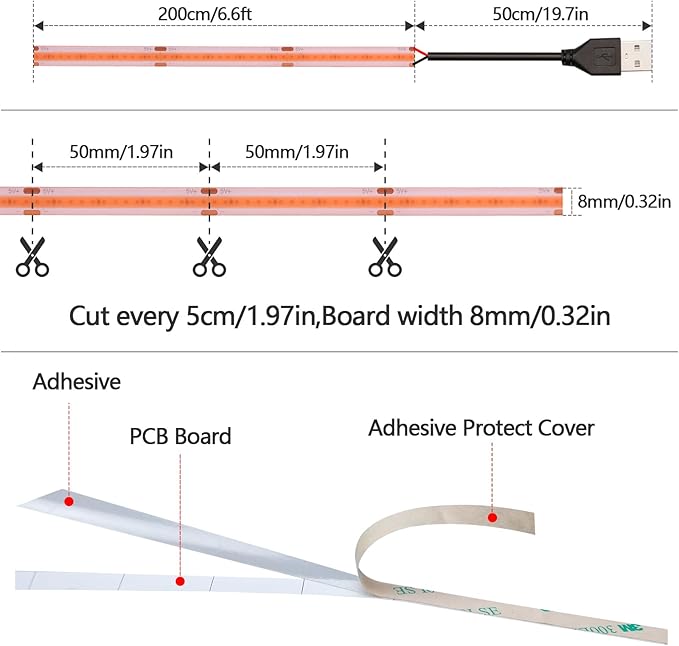 DC 5V USB COB Violets LED Strip Light USB Powered Dimmable IP65 Waterproof 6.6ft/2M 640LEDs with Dimmer High Brightness Flexible LED Tape Lights