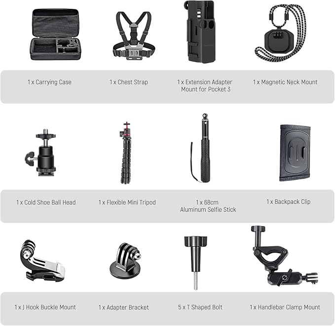 NEEWER Basics 16 in 1 Accessories Kit Compatible with DJI OSMO Pocket 3, Mini Tripod Selfie Stick Chest Strap Magnetic Neck Mount Extension Adapter Mountaineering Cycling Dual Cam Vlog, GP-52