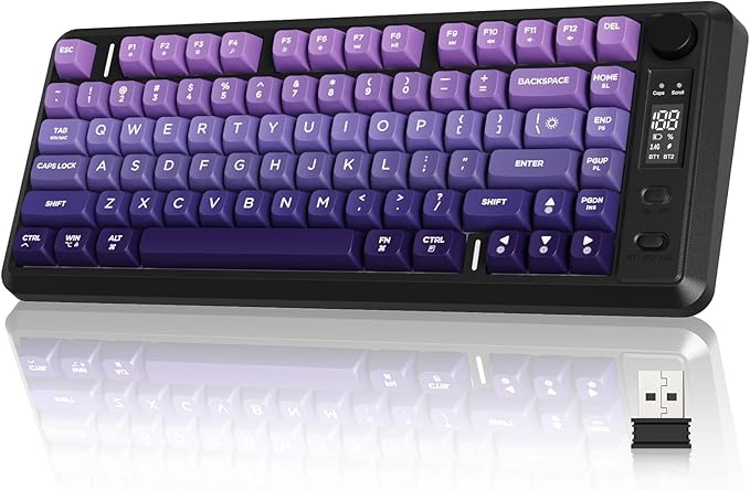 ZIYOU LANG M75 Wireless Gaming Keyboard, RGB Backlit Rechargeable 2000mAh Battery, Small Membrane But Mechanical Feel Keyboard with Smart Display & Knob, PBT Gradient keycaps for PC, MAC-Grape Purple