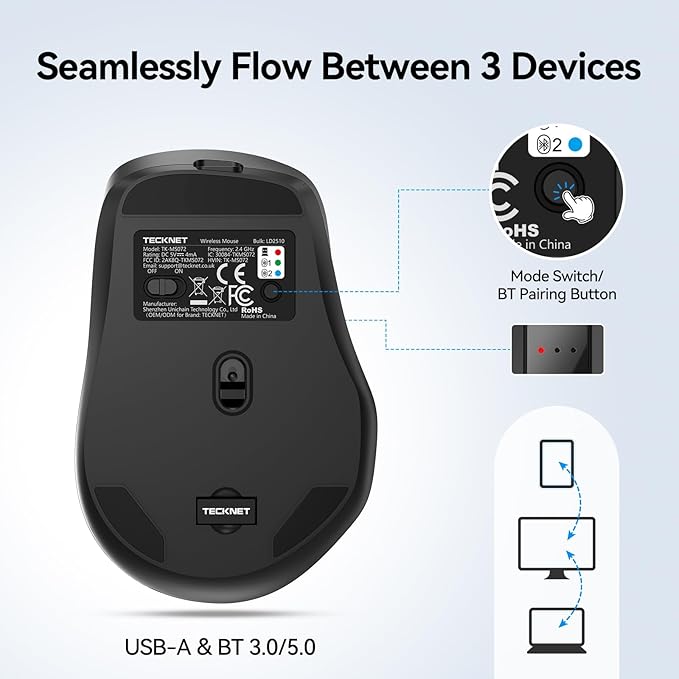 TECKNET 3-Device Wireless Mouse, Rechargeable Dual-Mode (2.4G & BT 5.0), Silent USB-A & Bluetooth Mouse, 6-DPI up to 4800, Wide Compatibility - Black