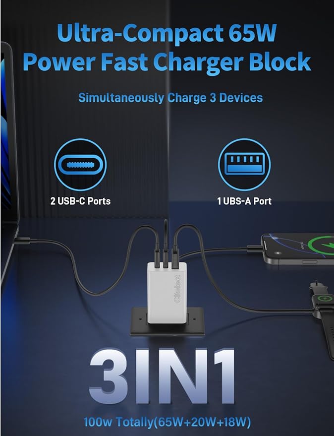 2Pack 65W USB C Charger Block, 3Port Fast Charging Adapter,Type C Fast Charging Blocks Cube PD USBC Wall Plug+QC3.0 USB A Charger Brick for MacBook Pro/Air,iPad,iPhone 17/16,Samsung S26/S25&More-White