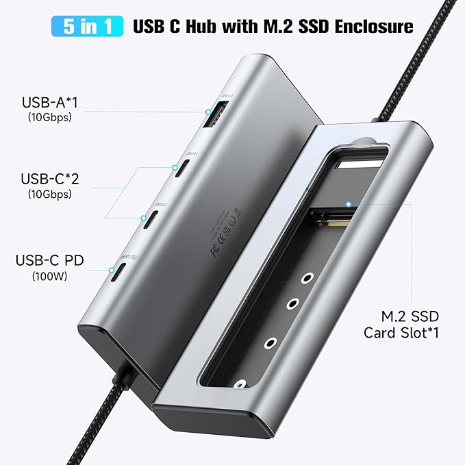 RSHTECH 5-in-1 USB C Hub with M.2 NVMe/SATA SSD Enclosure, 10Gbps USB Data Ports (1A + 2C) and 100W Power Delivery, Aluminum USB-C Dock Dongle for MacBook, Laptops and More
