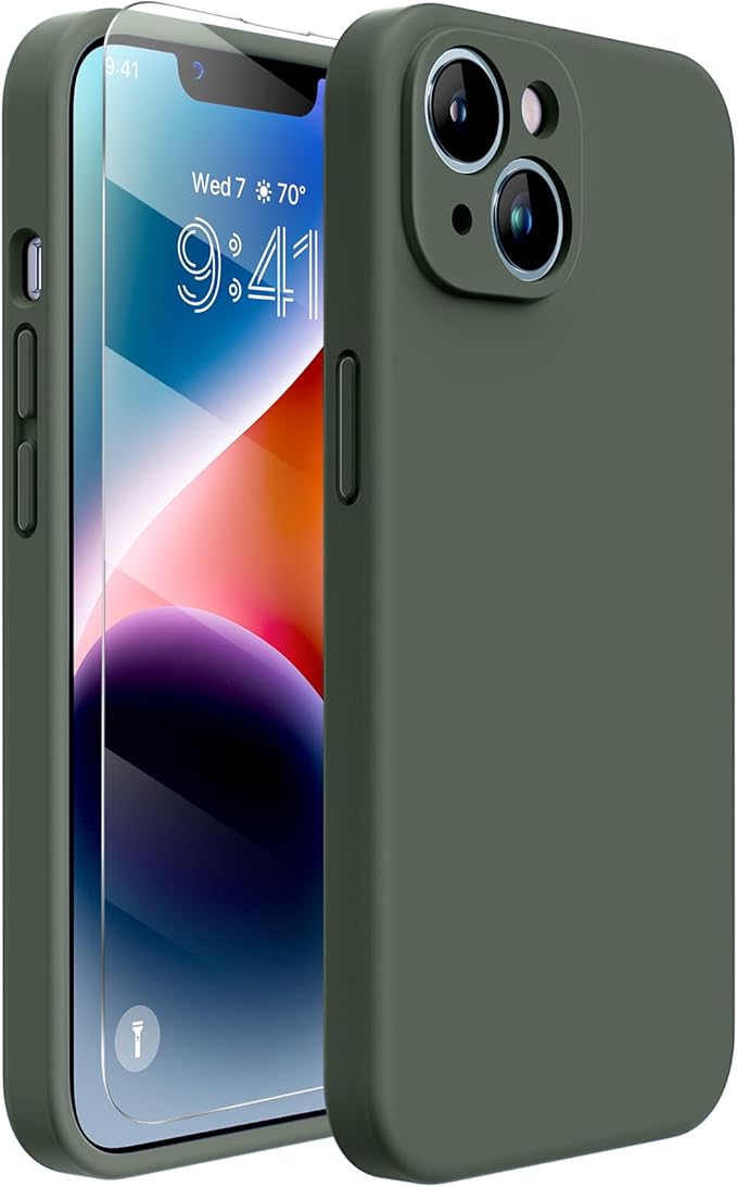 Miracase Designed for iPhone 14 Case with Screen Protector,[Upgraded Enhanced Camera Protection],Shockproof Liquid Silicone Case with Microfiber Lining, 6.1 inch,Dark Green