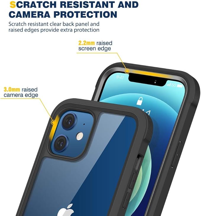 Diaclara Designed for iPhone 12 Mini Case, Full Body Rugged with Built-in Touch Sensitive Anti-Scratch Screen Protector, Soft TPU Bumper Case for iPhone 12 Mini 5.4" (Black and Clear)