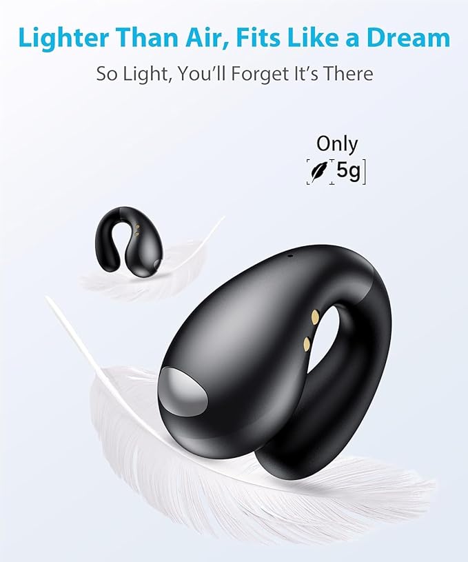 Boytond Ultra Open Ear Earbuds - Comfortable Clip-On Bone Conduction Earbuds, Over-The-Ear Open Headphones with Waterproof Build for Running, Gym Workouts, and Outdoor Sports, Classic Black