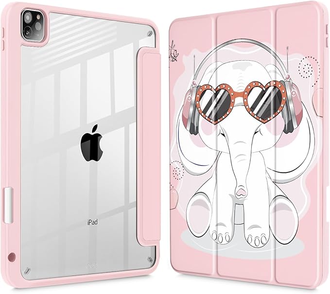 Tuiklol for iPad Pro 11 Inch Case M2 2022 Gen 4th -Built-in Pencil Holder Shockproof Cover Clear Transparent Back Shell Fit for iPad 11’’ 2021 2020 2018 Gen 3rd/2nd/1st for Kid, Lovely Elephant-Pink