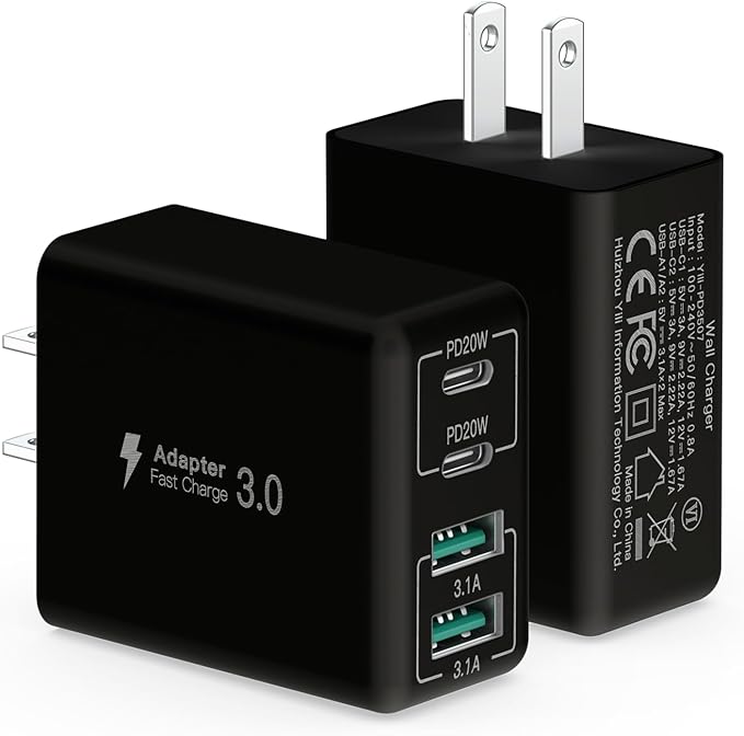 sccvee [2 Pack] USB C Wall Charger, 40W 4-Port USB C Charger Block,Fast Charging Block Dual Port PD+QC Wall Plug Multiport Type C Compatible with iPhone 14/13/12/Pro Max/XS/XR/8,Tablet(Black)
