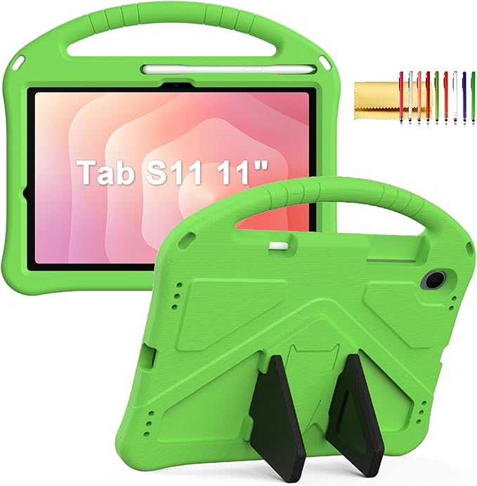 Kids Case for Samsung Galaxy Tab S11 2025 11" Tablet, Techcircle Light Weight Shock Proof EVA Foam Handle Rugged Stand Protective Case, Green