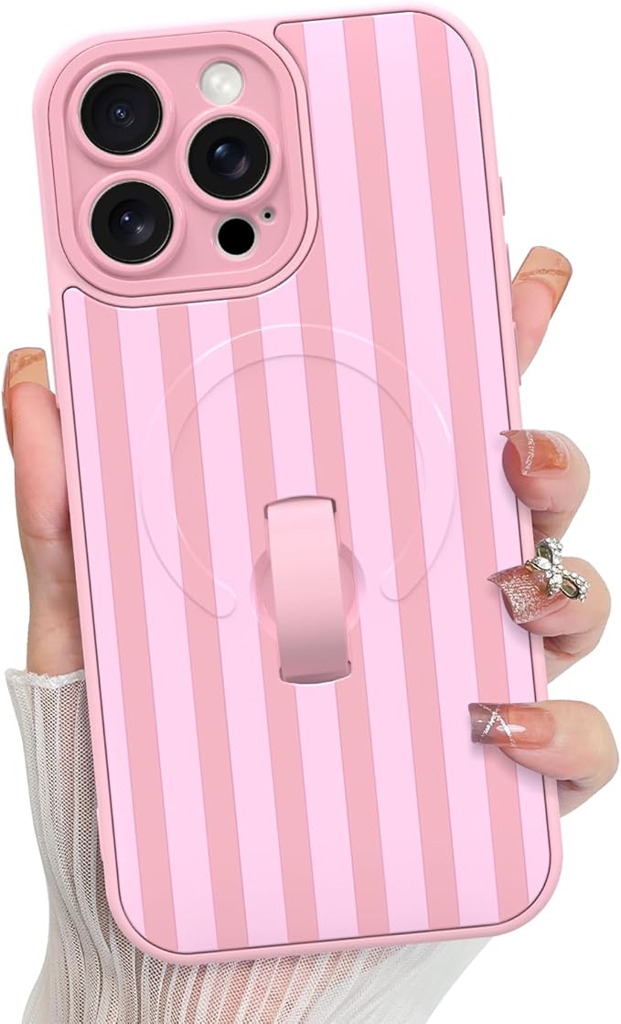 KANGHAR Compatible with iPhone 15 Pro Case, Support for MagSafe, Silicone Stripes Cute Pattern, Wristband Kickstand Camera Protection Soft Slim Cover for Girls Women -Pink
