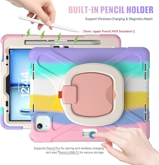 SCSVPN Kids Case for iPad Air 11 Inch M4/M3/M2 (2026/2025/2024), iPad Air 5th/4th Gen 10.9''(2022/2020), iPad Pro 11 4th/3rd/2nd/1st Gen, Protective Cover with Pen Holder, Stand, Shoulder Strap, Pink