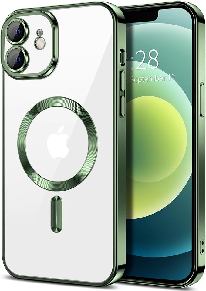 Hython Magnetic Clear for iPhone 12 Case with Camera Lens Protector [Compatible with MagSafe] Luxury Plating Edge Slim Soft TPU Cover Protective Phone Case for iPhone 12 6.1", Deep Green