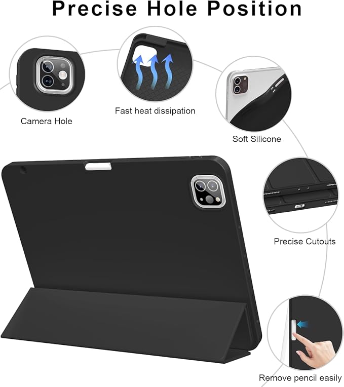 for iPad Pro 12.9 Case (6th/5th/4th/3rd Generation 2022/2021/2020) & ipad Air 13 inch case (M3 2025/M2 2024) with Pencil Holder, Smart Slim Trifold Stand Case with Soft TPU Back (Black)