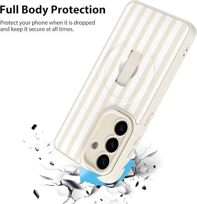 KANGHAR Compatible with Samsung Galaxy S26 Case, Support for MagSafe, Silicone Stripes Cute Pattern, Wristband Kickstand Camera Protection Soft Slim Cover for Girls Women -White