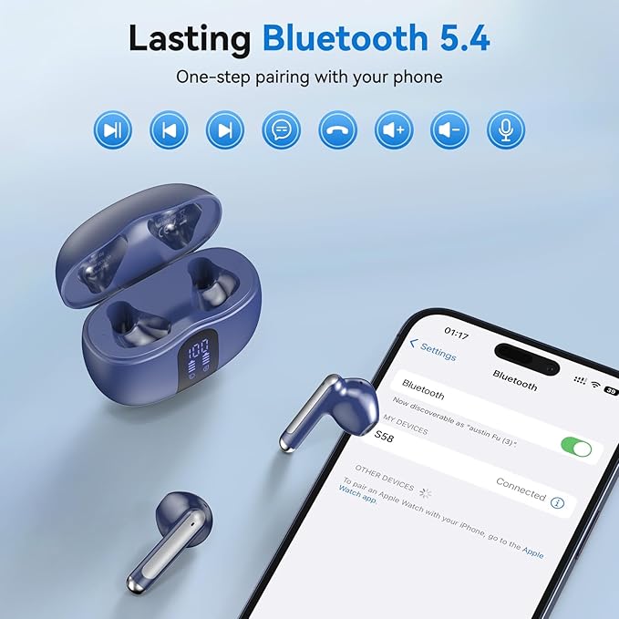 Wireless Earbuds, Bluetooth 5.4 Headphones HiFi Stereo with 4 HD Mic, 50H Playtime Bluetooth Earbuds with LED Display, IPX7 Waterproof Wireless Earphones, Touch Control Ear Buds,USB-C Blue