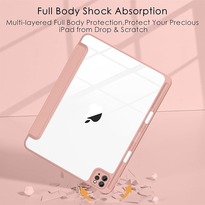 Soke Case for iPad Pro 12.9 Inch (6th/5th/4th/3rd Generation, 2022/2021/2020/2018) - Pencil Holder + Auto Sleep/Wake + Camera Protection, Transparent Shockproof Back Cover,Rose Gold