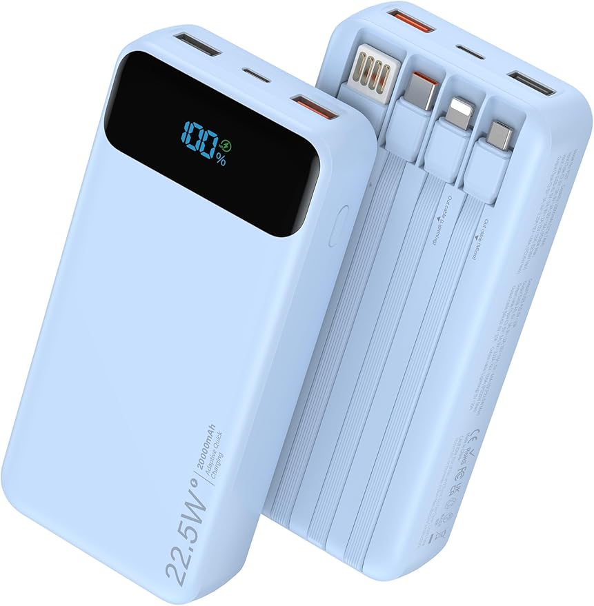 Portable Charger, 20000mAh 22.5W Fast Charging Power Bank with 4 Built-in Cables, Travel Essentials External Battery Pack with LED Display, 6 Outputs Charging Bank for iPhone, iPad, Samsung etc Blue